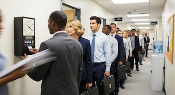 Pasillo de oficina con fila de personas adultas vestidas formalmente, reloj fichador, maletines, dispensador de agua y tablero de anuncios.