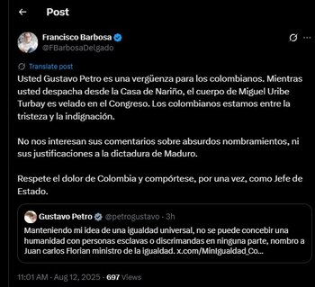 Francisco Barbosa criticó al presidente Gustavo Petro en redes sociales - crédito @FBarbosaDelgado