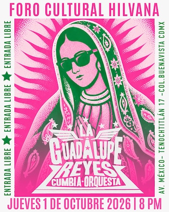Cartel en tonos rosa y verde con la ilustración de una figura religiosa con gafas de sol y tipografía que anuncia a un grupo de cumbia