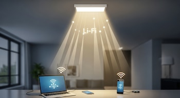 Lámpara de techo emite luz hacia una laptop y dos smartphones en un escritorio, con haces de luz y el texto 'Li-Fi' visible, representando conexión de datos.