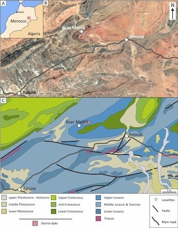 Vista de ubicación, imagen satelital y mapa geológico en color de la zona de Anoual en Marruecos con su correspondiente leyenda