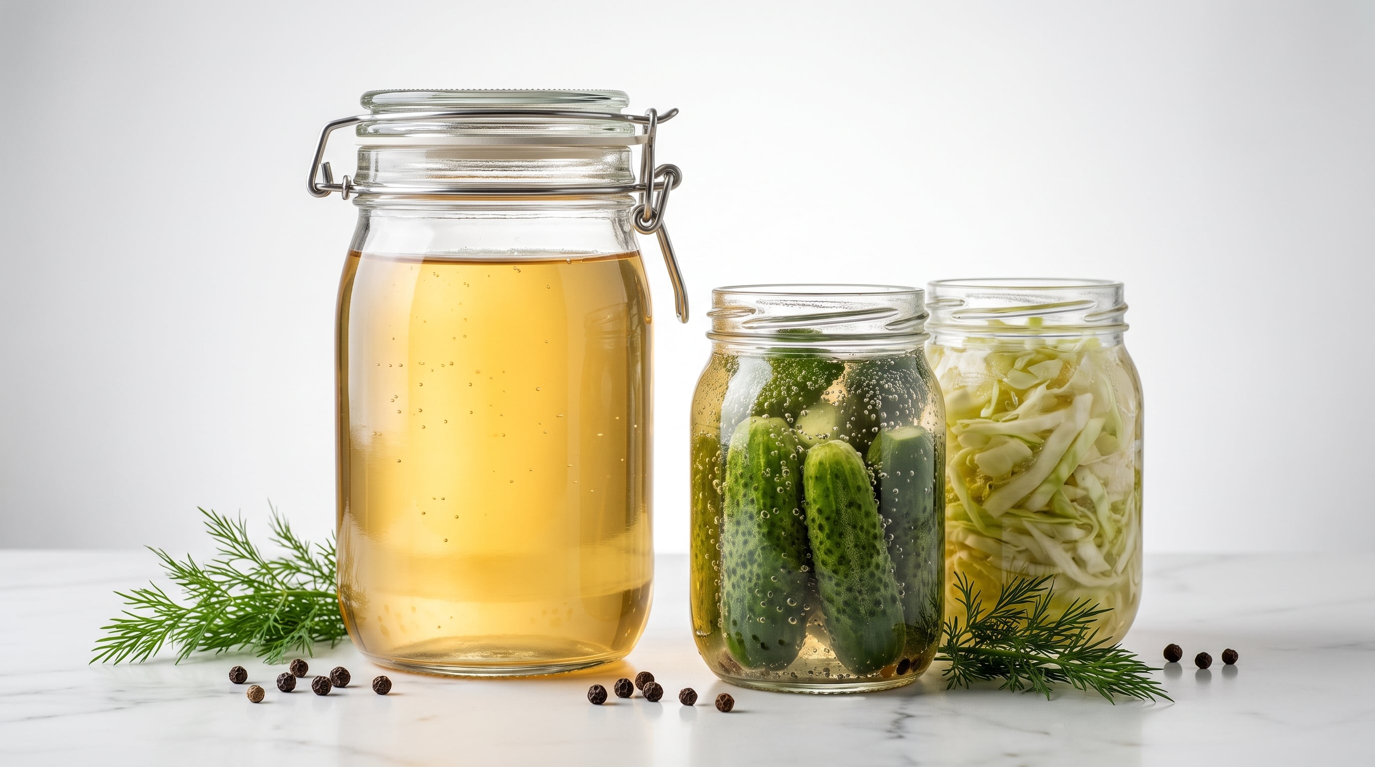 Varios frascos de vidrio contienen suero de kéfir, pepinillos en salmuera y col en fermentación junto a especias sobre una mesa de mármol blanco. (Imagen Ilustrativa Infobae)