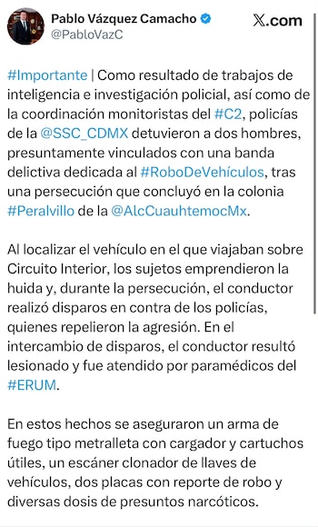 Tras una persecución, capturan a "El Kisifur", un hombre ligado a una banda dedicada al robo de autos en la alcaldía Cuauhtémoc. SSC