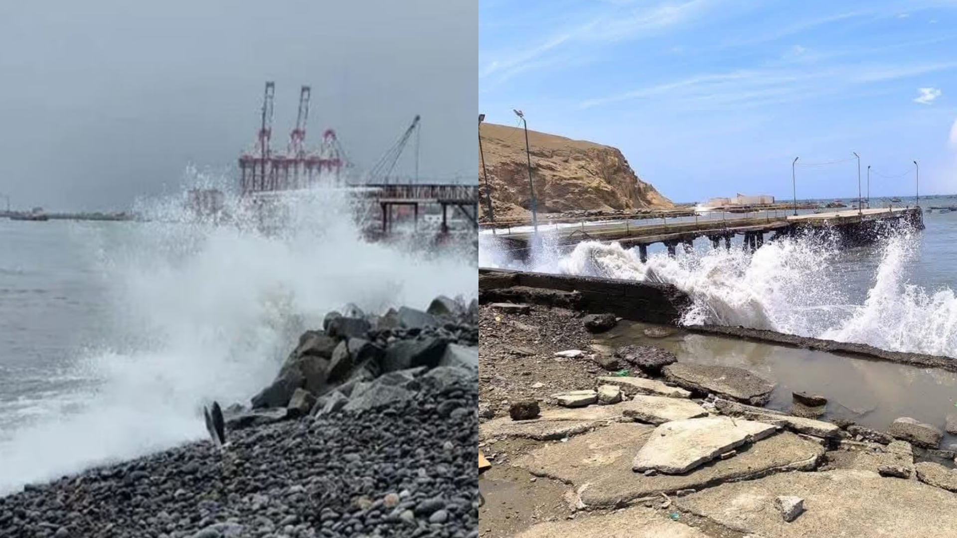 Olas de fuerte intensidad impactan estructuras portuarias y el litoral peruano, evidenciando el riesgo que llevó al cierre de veintidós puertos a lo largo de la costa. (Composición: Infobae Perú)