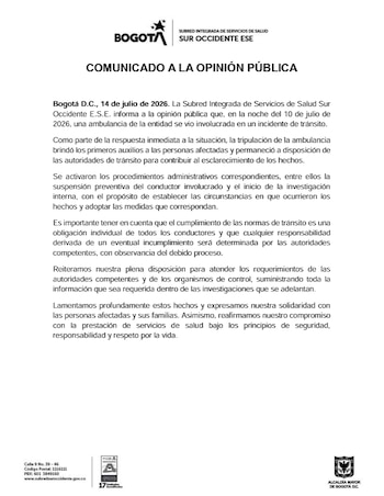 La entidad suspendió al conductor de la ambulancia mientras se esclarecen las causas del accidente - crédito X