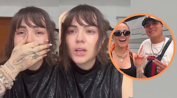 Composición de una mujer llorando en dos imágenes y sonriendo junto a un hombre en un recuadro circular con borde naranja.