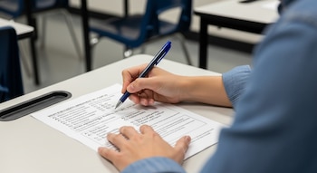 Primer plano de dos manos sosteniendo un bolígrafo sobre una hoja de examen de conducir escrita en inglés, apoyadas en un pupitre dentro de un aula.