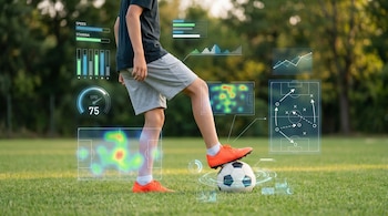 Niño futbolista con botines naranjas controlando un balón en un campo verde, rodeado de gráficos digitales transparentes que muestran datos de rendimiento y tácticas.