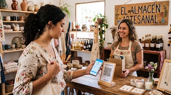 Una mujer escanea con su teléfono móvil un código QR sobre el mostrador de un negocio artesanal frente a la vendedora.