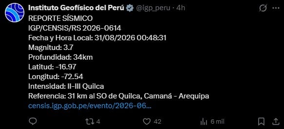 Sismo de magnitud 3.7 se registró en Quilca, Arequipa. Captura: IGP.