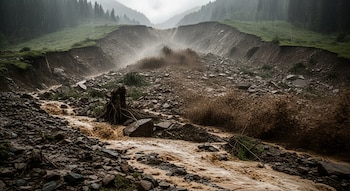 Imagen de un deslizamiento de tierra activo en una ladera de montaña, con barro, rocas y vegetación cayendo en medio de una intensa lluvia.
