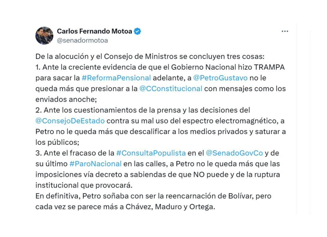 Con este mensaje en las redes sociales, el senador Carlos Fernando Motoa indicó su posición frente al Consejo de Ministros de Gustavo Petro - crédito @senadormotoa/X