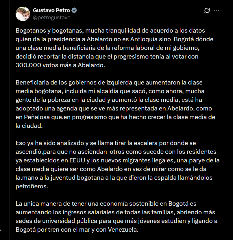 Gustavo Petro expuso su análisis a través de su cuenta oficial de X, en la que detalló la composición electoral y el comportamiento reciente de este sector social en la capital - crédito @petrogustavo/X