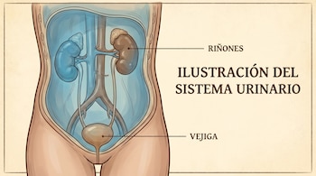 Ilustración del sistema urinario humano, mostrando la ubicación de los riñones y la vejiga dentro del torso con un fondo beige.