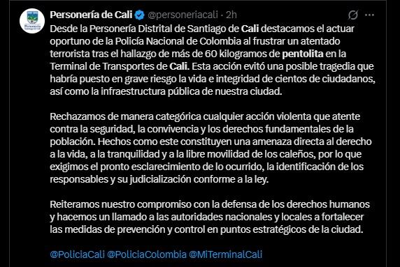La Personería de Cali destacó la acción de la Policía y advirtió sobre la gravedad de la amenaza neutralizada en la ciudad - crédito @personeriacali / X