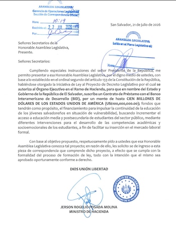El Gobierno de El Salvador pide aval legislativo para un préstamo de USD 100 millones con el Banco Interamericano de Desarrollo.