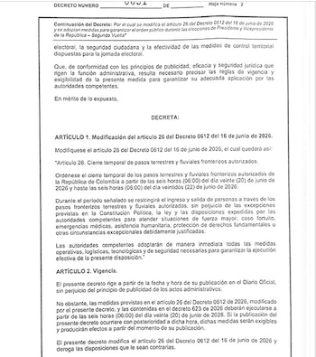 El ajuste, oficializado mediante el Decreto 0631 del 20 de junio de 2026, responde a la necesidad de fortalecer la seguridad durante la segunda vuelta presidencial que se llevará a cabo el 21 de junio de 2026 - crédito Presidencia de la República