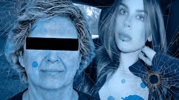 Composición de dos mujeres en tonos azules; una mujer mayor con banda negra en los ojos y una joven con pelo largo. La imagen tiene un efecto de cristal roto y salpicaduras azules.