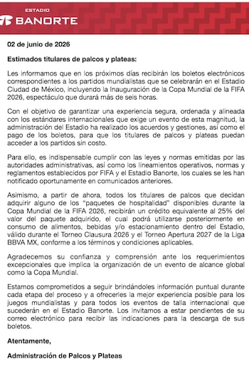 Dueños de placos y plateas recibirán boletos para la Copa del Mundo