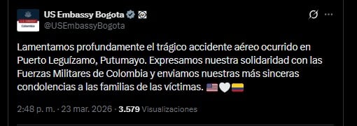 A través de X, el órgano diplomático estadounidense se refirió al siniestro de un avión militar en Putumayo - crédito @USEmbassyBogota / X