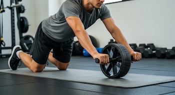 Hombre arrodillado sobre una colchoneta en un gimnasio, sujetando una rueda abdominal. Viste camiseta gris y pantalones cortos negros.