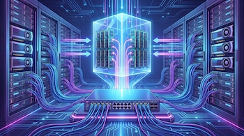 Ilustración de un centro de datos con racks de servidores y GPUs a los lados, un switch central y un cubo transparente con RAM, unidos por cables y líneas luminosas.