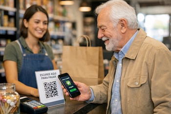 Hombre mayor canoso con barba usando un teléfono móvil para pagar en un mostrador con código QR, terminal de punto de venta y empleada joven sonriente.