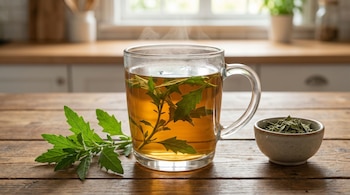 Taza de cristal con infusión de epazote humeante sobre mesa de madera. Hojas frescas de epazote y un cuenco con hierbas secas se ven al lado.