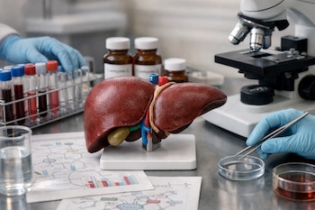 Maqueta de hígado, tubos de ensayo, frascos, microscopio, documentos con gráficos, placa de Petri y manos enguantadas sobre una mesa de laboratorio.