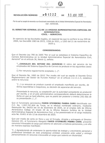 La salida de Parra Caro se oficializó mediante la Resolución 01222, efectiva desde el 14 de abril de 2026, intensificando la crisis institucional en Aerocivil - crédito @norbeyquevedo/X