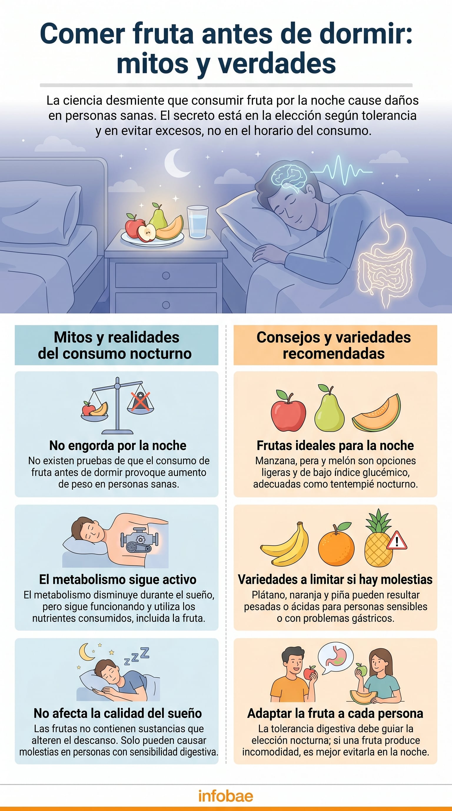 Frutas como el plátano, la naranja y la piña pueden resultar pesadas para personas con digestiones sensibles debido a su contenido de fructosa, fibra y acidez