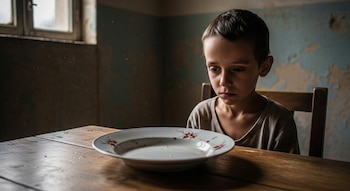 Un niño sentado en una silla observa un plato vacío sobre una mesa de madera, con una ventana y paredes descascaradas al fondo.