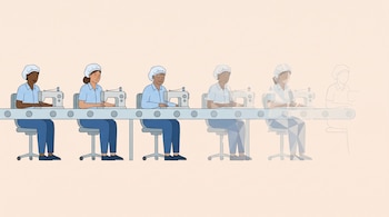 Ilustración de seis mujeres con uniformes, sentadas en sillas frente a máquinas de coser sobre una cinta transportadora que se vuelve transparente a la derecha.