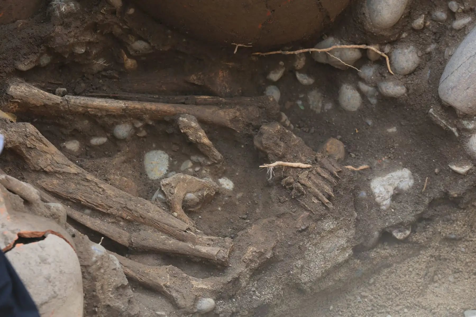 Obreros hallaron un entierro prehispánico de la cultura Blanco sobre Rojo, datado entre 1.800 y 2.000 años, en San Isidro durante obras de gas, incluyendo restos de un joven y un ajuar funerario. (Foto: Agencia Andina)