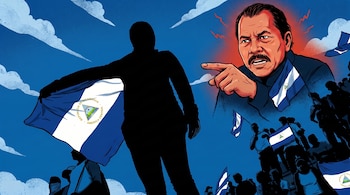 Silueta de persona, bandera de Nicaragua con escudo, hombre con bigote señalando, multitud de siluetas, banderas de Nicaragua, cielo azul, nubes.