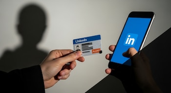 Una mano sostiene una tarjeta de identificación con logo de LinkedIn y "ALERT", junto a un smartphone con la app de LinkedIn; una sombra humana se proyecta al fondo.