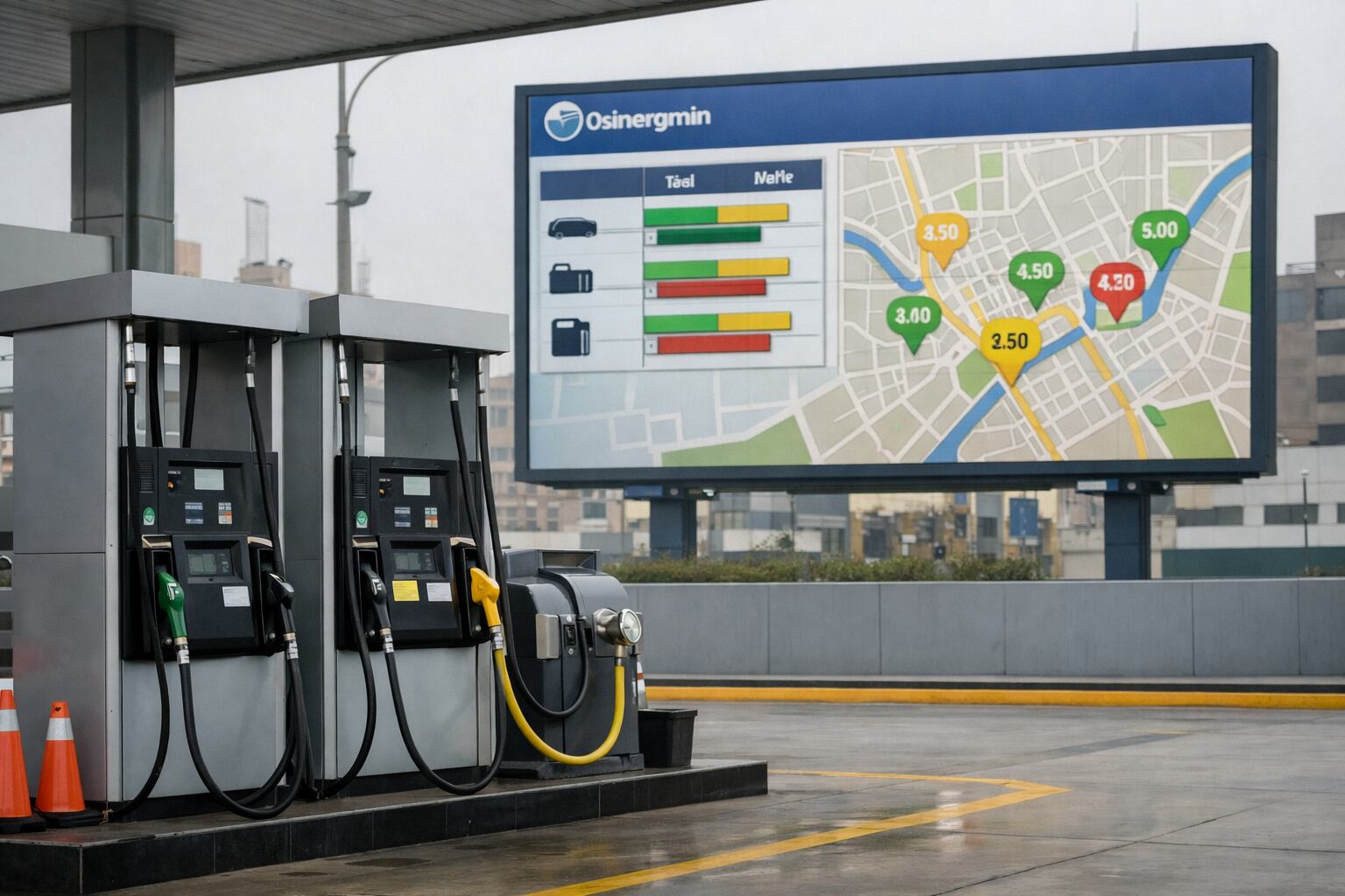 La imagen muestra surtidores de combustible en una estación de servicio peruana con una pantalla digital de Osinergmin Facilito que presenta la comparación de precios de gasolina, diésel y GLP. (Imagen Ilustrativa Infobae)
