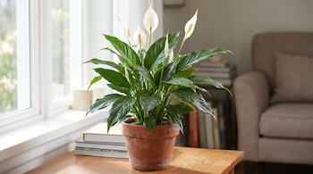 Un Lirio de la Paz florecido en maceta de terracota sobre una mesa de madera, con hojas verdes brillantes y flores blancas; al fondo, una ventana y libros.