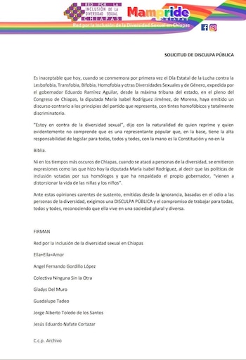 Documento en español titulado "SOLICITUD DE DISCULPA PÚBLICA" de la Red por la Inclusión de la Diversidad Sexual Chiapas, sobre un fondo blanco con un banner arcoíris arriba