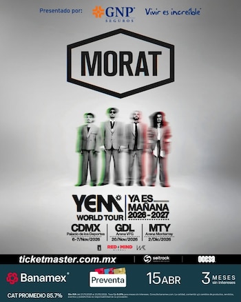 Cartel de Morat para su "YEM World Tour 2026-2027" en México, mostrando a los cuatro integrantes, fechas en CDMX, GDL y MTY, y detalles de preventa