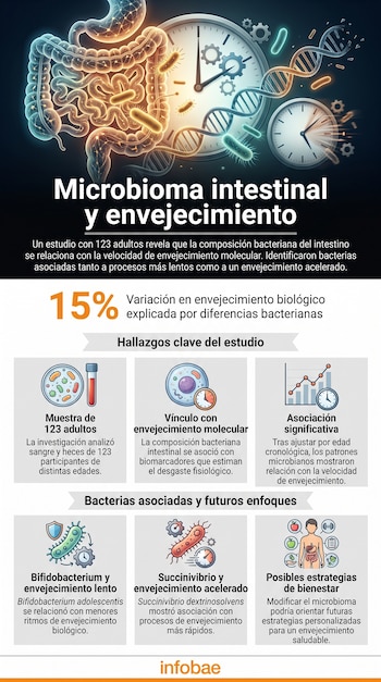 Infografía del sistema digestivo humano, bacterias, ADN, relojes, gráficos, probetas, placas de Petri con células, y texto sobre envejecimiento.