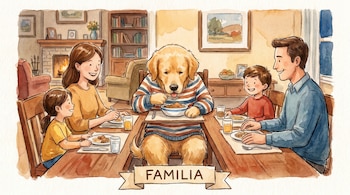 Ilustración en acuarela de una familia de cuatro y un perro Golden Retriever comiendo en una mesa. El perro viste un suéter de rayas y come de un tazón.