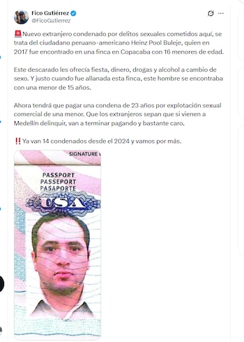 El alcalde Federico Gutiérrez celebró la condena de Heinz Pool Buleje - crédito @FicoGutierrez/X