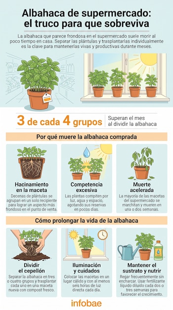 Infografía con título sobre albahaca de supermercado, ilustraciones de plantas de albahaca, macetas, manos trasplantando, regadera y fertilizante.