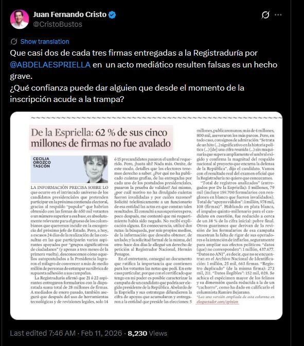 Juan fernando Cristo cuestión la veracidad de las firmas presentadas por Abelardo de la Espriella durante la inscripción de su candidatura presidencial - crédito @CristoBustos/X