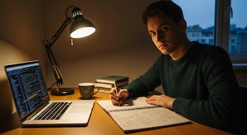 Hombre joven sentado en un escritorio con un ordenador portátil abierto, un cuaderno, una taza, dos libros y una lámpara encendida.