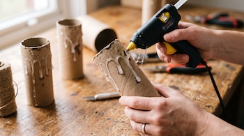 Manos que sostienen una pistola de silicona y aplican pegamento en el borde de un tubo de cartón sobre una mesa de madera con herramientas.