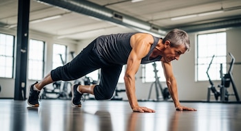 Hombre mayor de 65 años con cabello gris y camiseta sin mangas oscura realiza un ejercicio de Animal Flow en un gimnasio con ventanas.