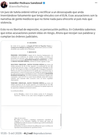 Juez ordenó rectificación por publicaciones que asociaron a Jennifer Pedraza con el ELN - crédito @JenniferPedraz/X