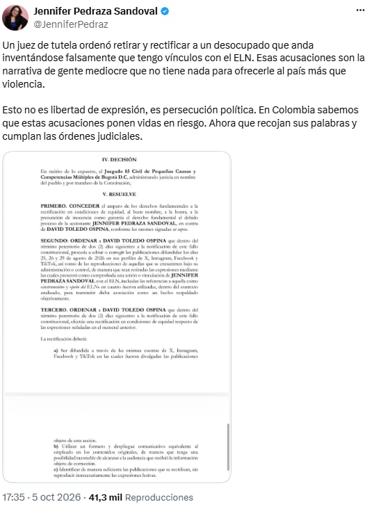 Juez ordenó rectificación por publicaciones que asociaron a Jennifer Pedraza con el ELN - crédito @JenniferPedraz/X